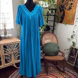 Vintage Color & Cotton Cerulean Blue Gauzy Grecian Crochet Lace Boho Maxi Dress